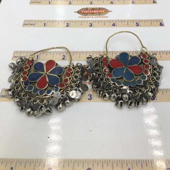 Red and Blue Kuchi Bali Earrings With Small Silver Bells, Ethnic Hoop Style - Picture 1 of 8